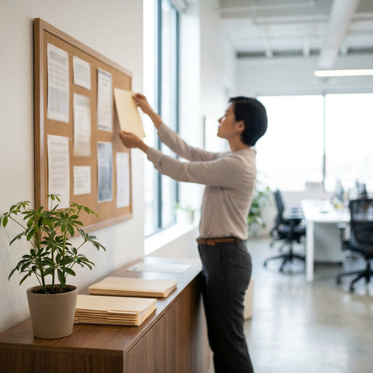Employee putting something on bulletin board.