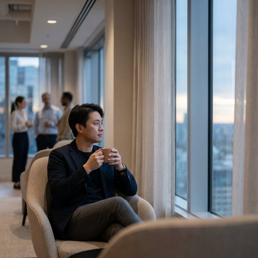 Employee looking out the window holding a coffee cup.