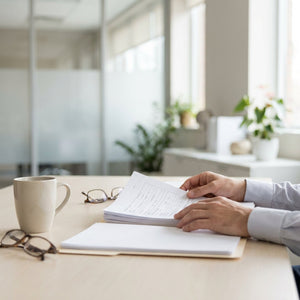 Desk with a folder full of documents and some plants in the background.
