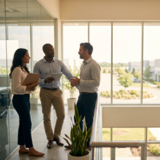 Group of three employees talking.