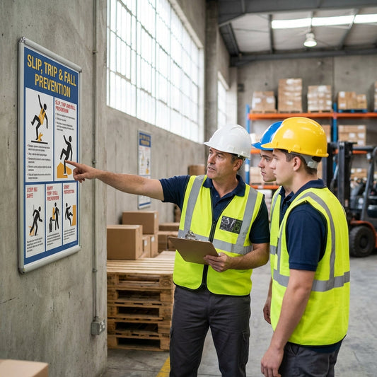 Small group of employees looking at poster about slips, trips, and fall prevention.