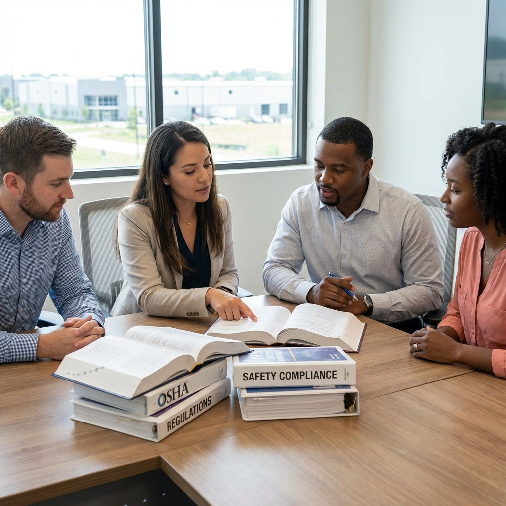 Group of employees discussing OSHA books.