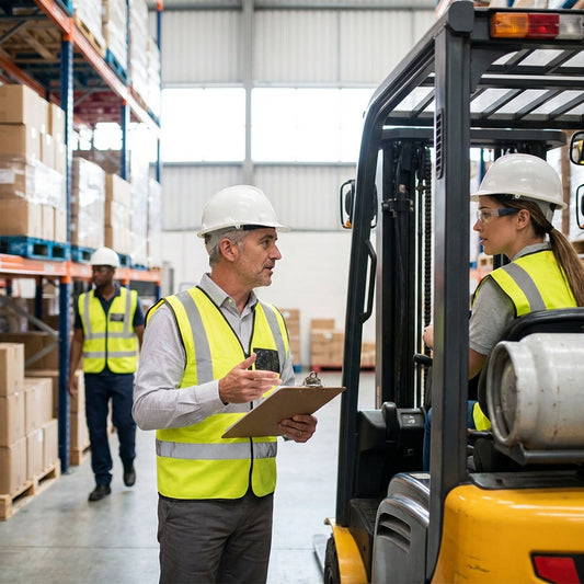 Supervisor holding a clipboard talking to forklift operator