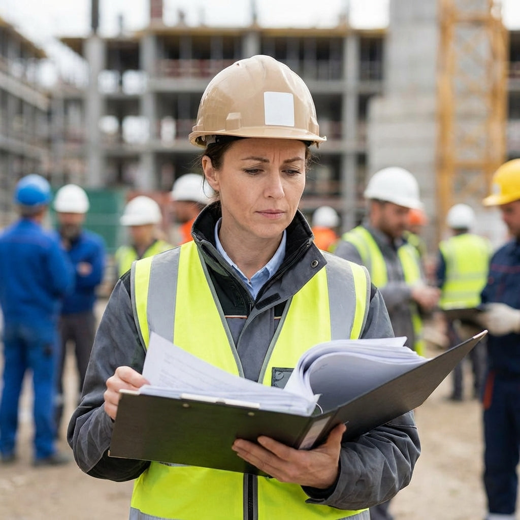Construction worker on site looking at regulation notebook.
