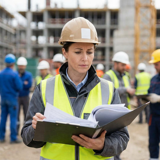 Construction worker on site looking at regulation notebook.