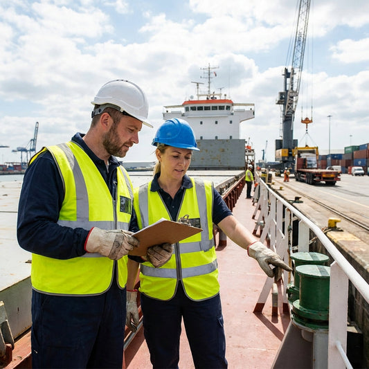 Two maritime workers looking at a clipboard with large ship in the background.