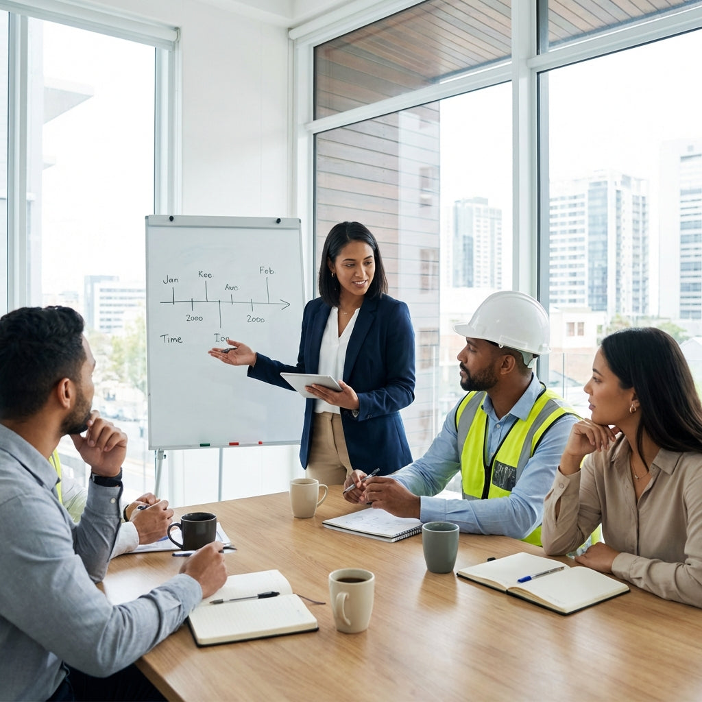 Safety meeting with several employees at conference table.