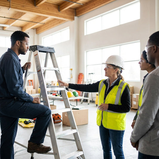 One employee holding onto a ladder and another employee in a hard hat pointing to the ladder appearing to be speaking,