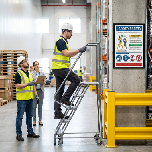 One employee on a ladder with two other employees watching with clipboards in hand.