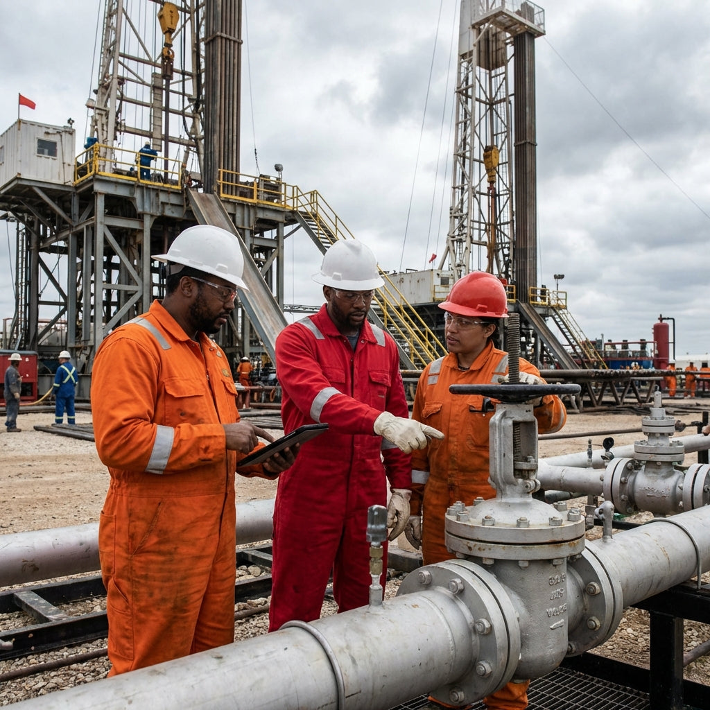 Three oil pipeline workers are discussing a large valve.