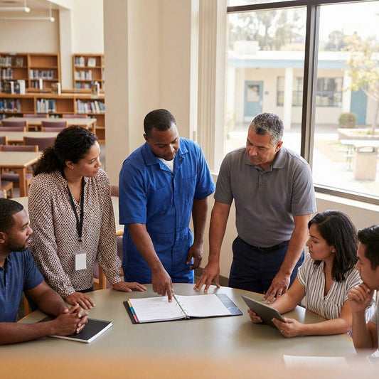 Group of educational professionals are discussing material in a notebook at a table in a library.