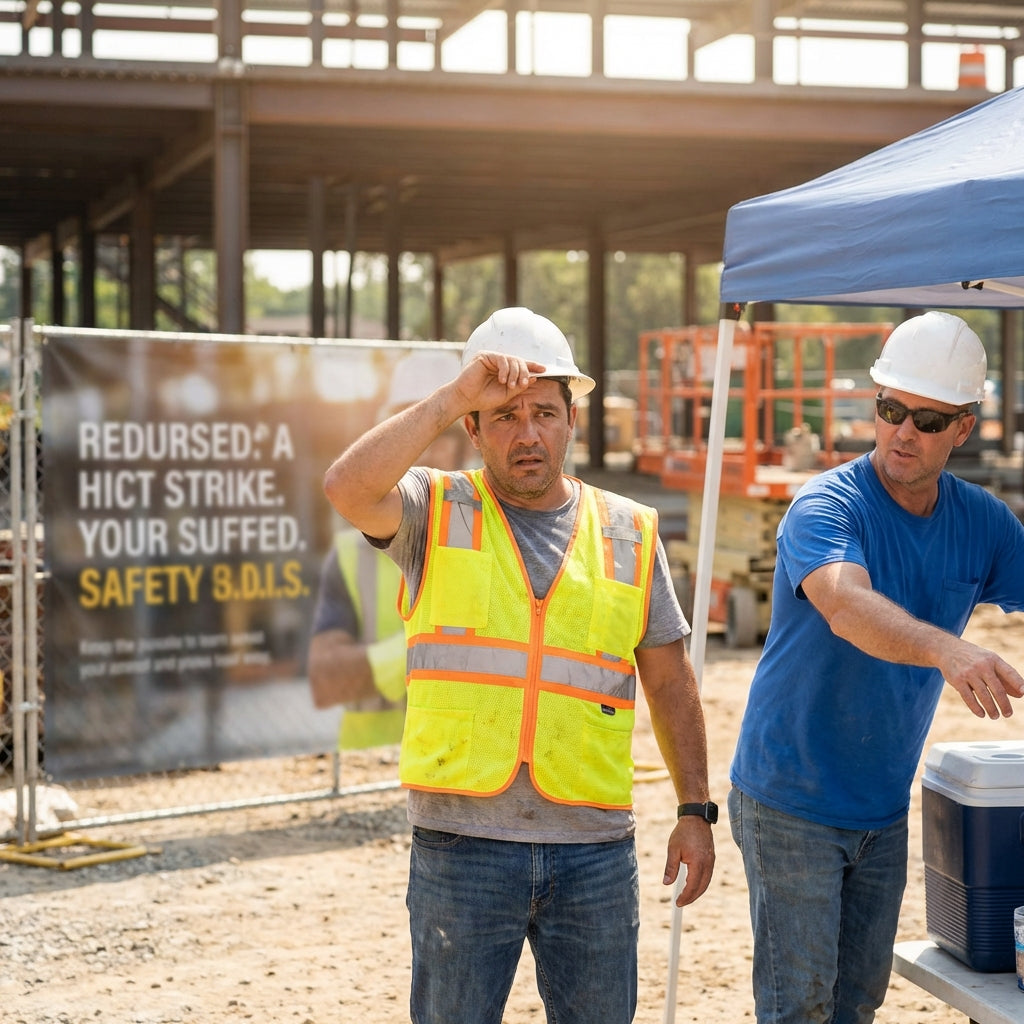 Two construction workers on a sunny, hot day.