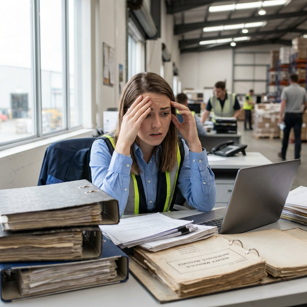 Worker with a large stack of books in front of her looking overwhelmed by them.