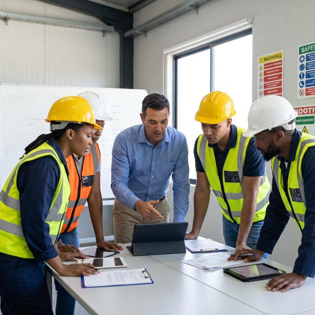 Team of construction workers in a training meeting.