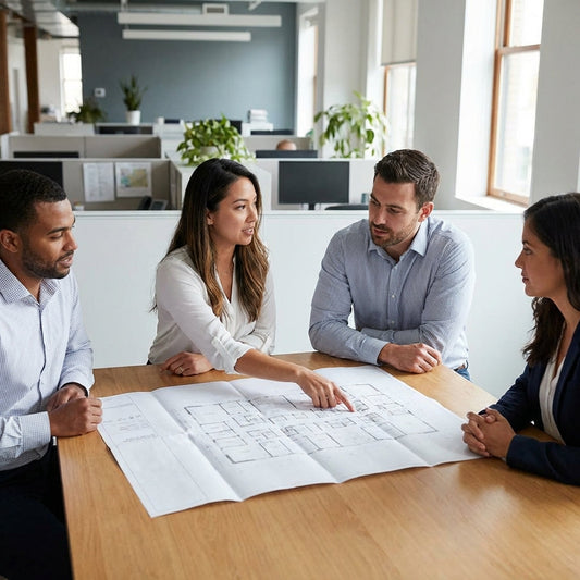 Group of employees looking at a blueprint.