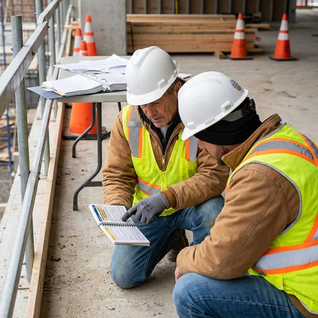 Two construction workers looking at a manual.