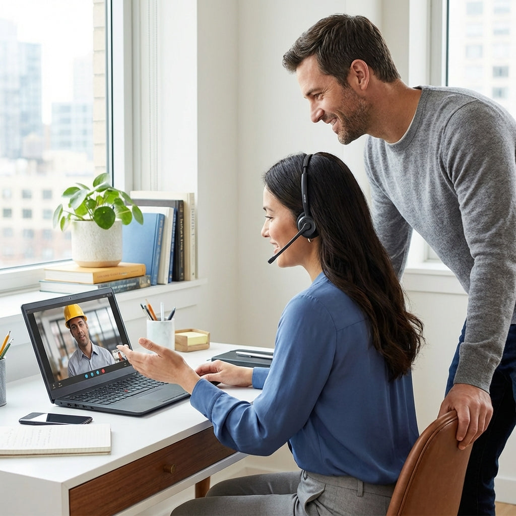 Two employees watching a safety training video on a laptop.