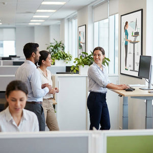 Employees discussing ergonomics.