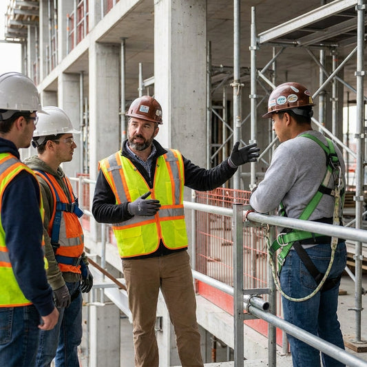 Construction workers talking to each other.
