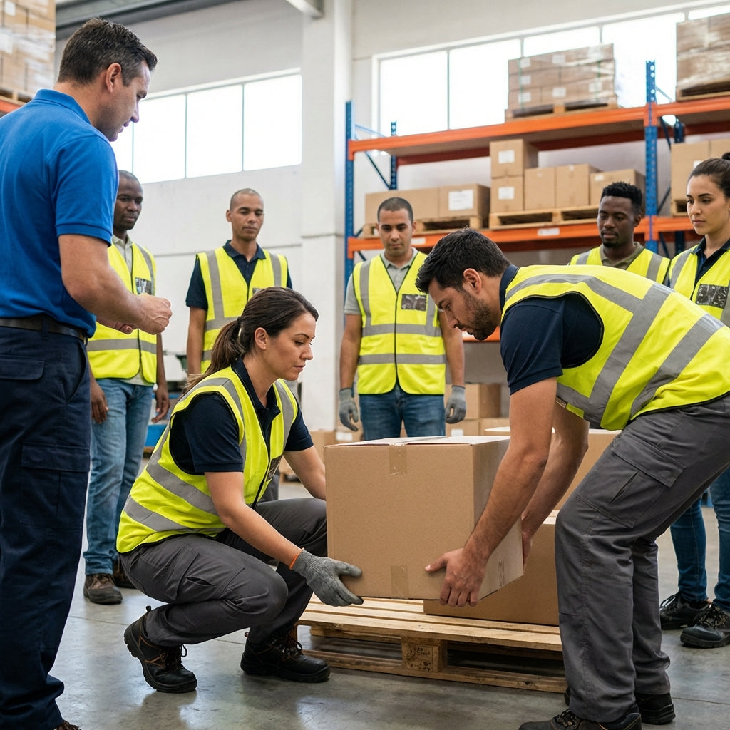 A female employee and male employee are lifting a large box together while a group of employees is watching.
