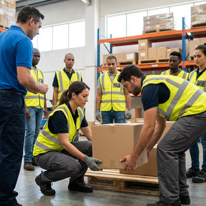 A female employee and male employee are lifting a large box together while a group of employees is watching.