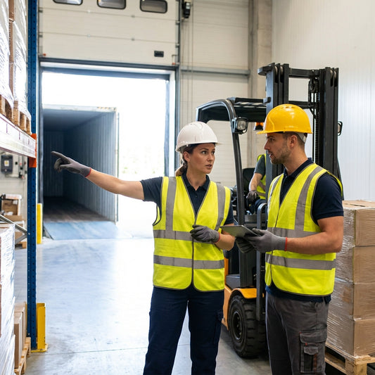 Two construction workers discussing something with forklift in the background.