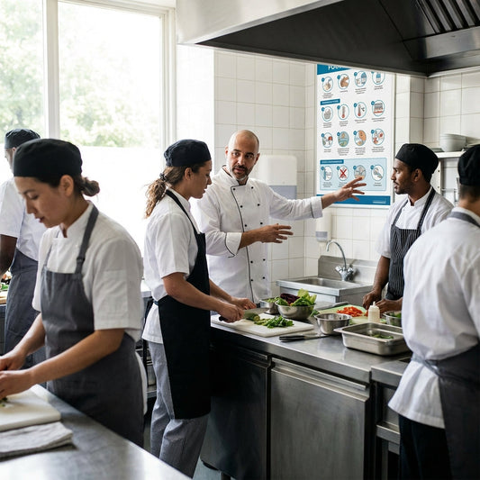 Kitchen full of chefs working with food, one head chef is pointing to a poster on the wall and looking at another chef that is cutting food.