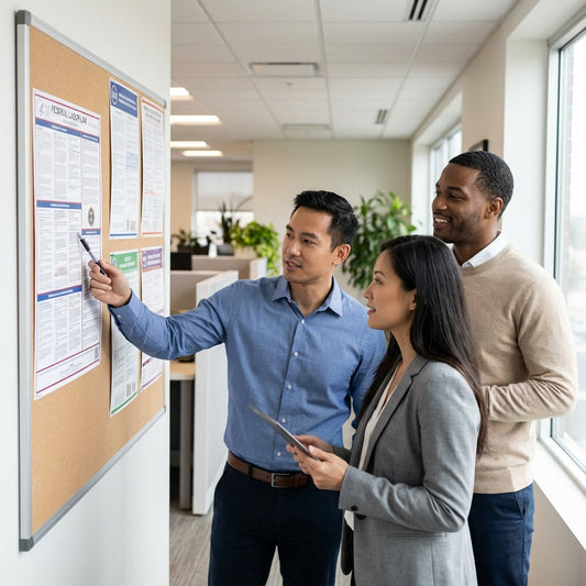 Group of employees looking at posters on a bulletin board.