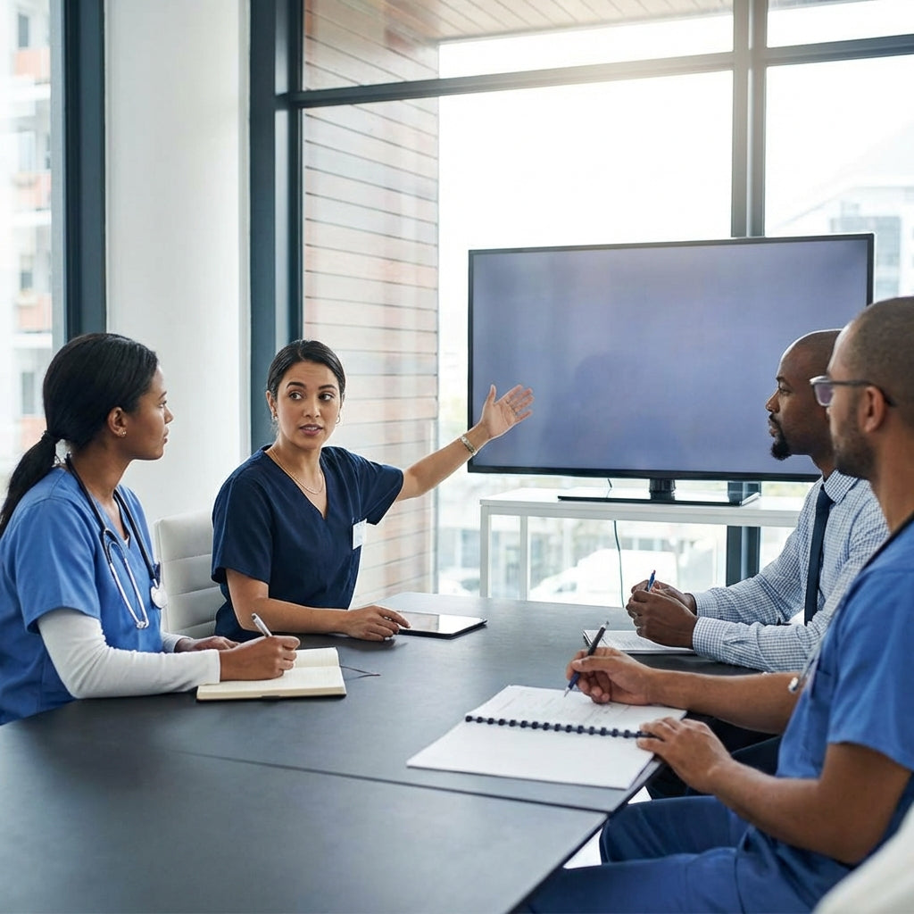 Group of medical professionals in a training meeting.