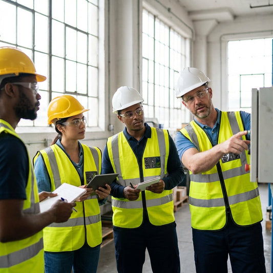 Group of employees gathered around electrical box having a discussion.