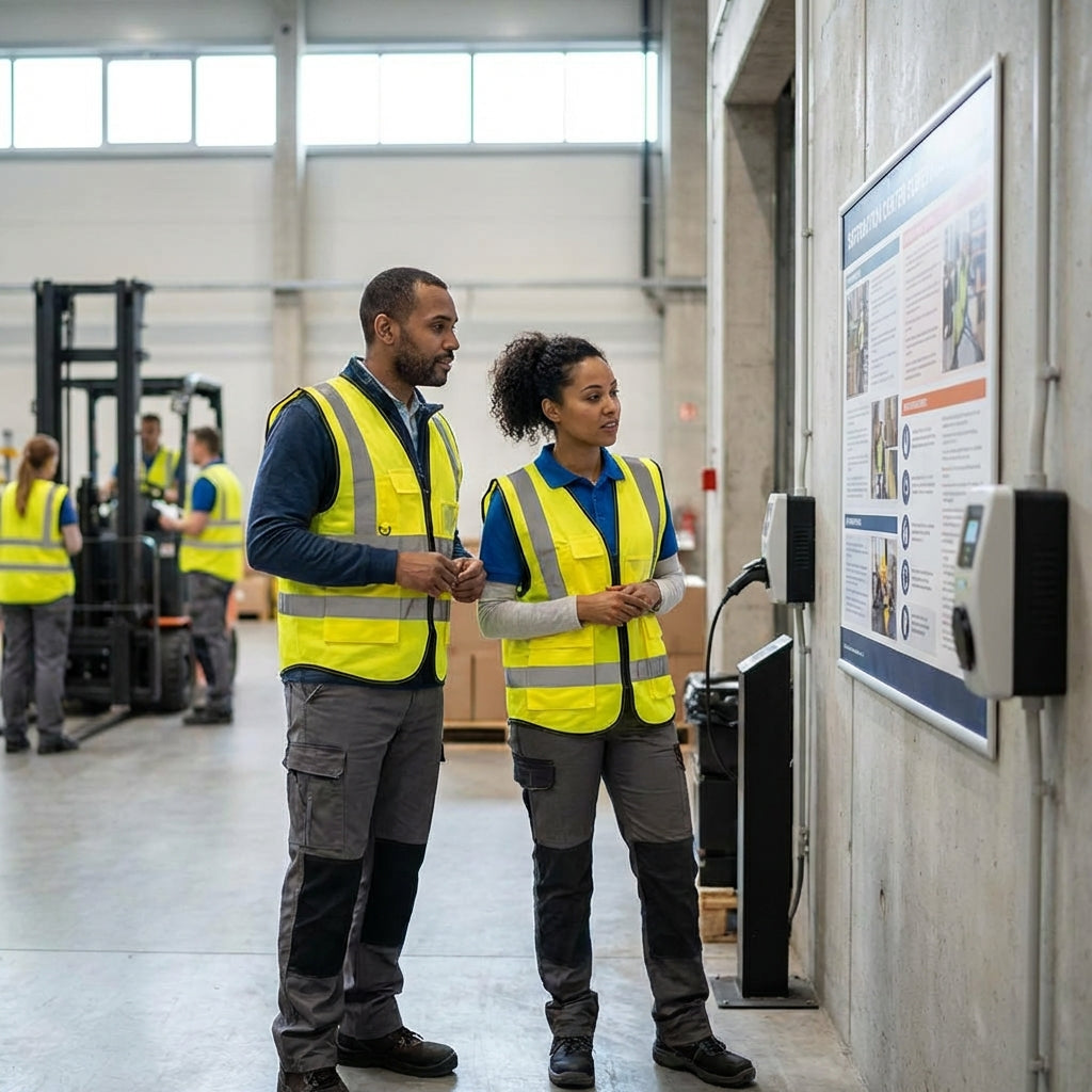 Male and female employees looking at posters on a bulletin board.