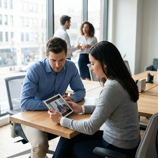 Employees watching a training video on a tablet.