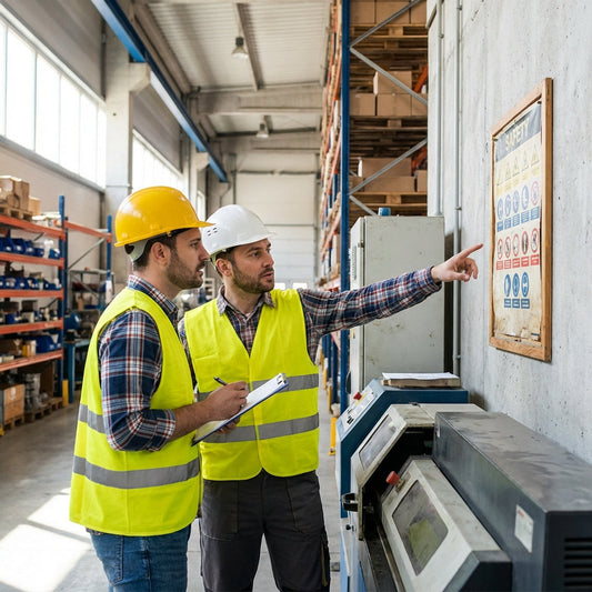 Two construction workers looking at a sign on a bulletin board. 
