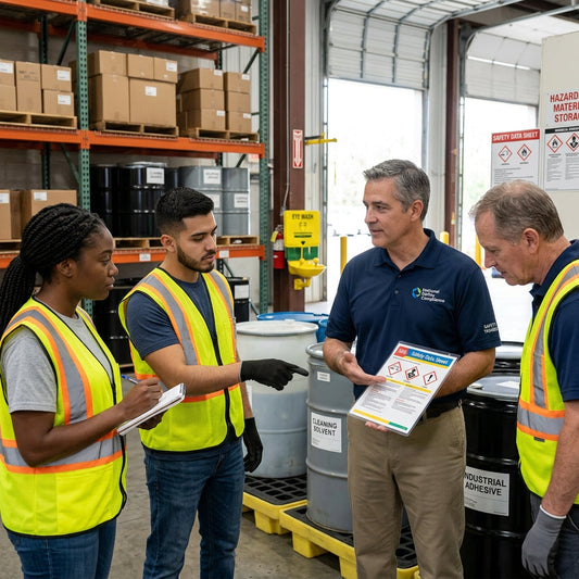 Safety manager discussing safety topic with three employees.