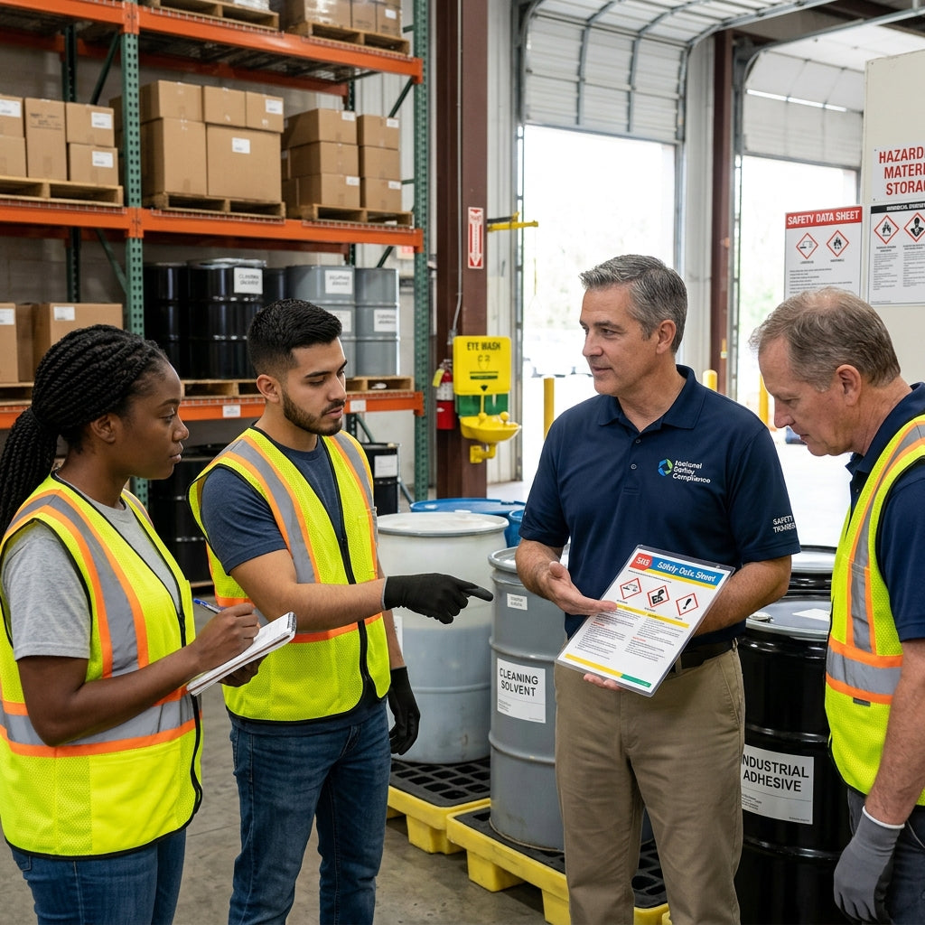 Safety trainer explaining Hazard Communication to three employees.