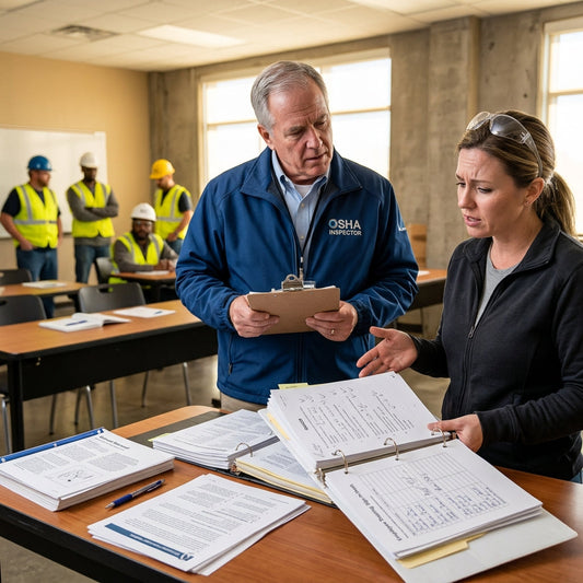 Two employees discussing OSHA documentation.