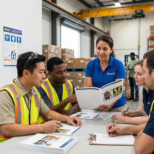 Group of employees at a table with safety trainer standing up with book in hand.