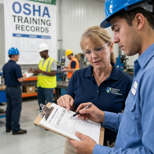 Warehouse workers looking over a checklist on a clipboard.