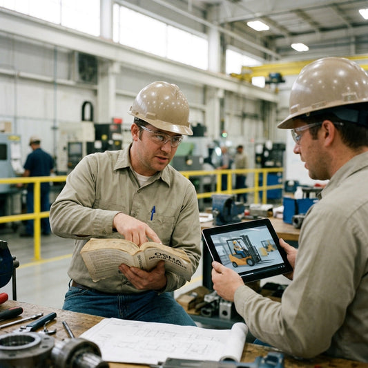 Two workers looking at safety training- one in a book and the other on a tablet.