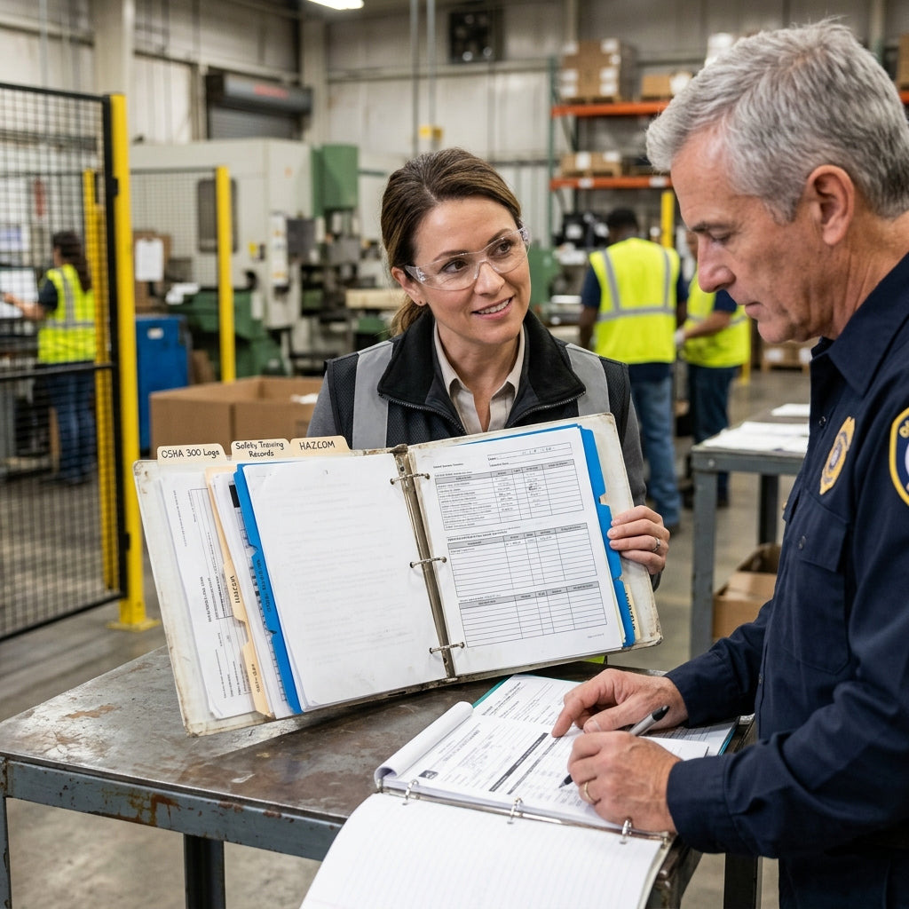 Two warehouse workers looking at an onsite safety binder.