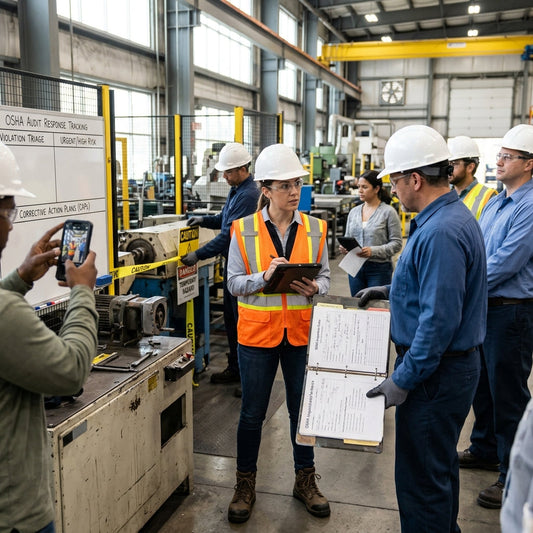 Group of workers in manufacturing facility standing together with inspector holding clipboard.