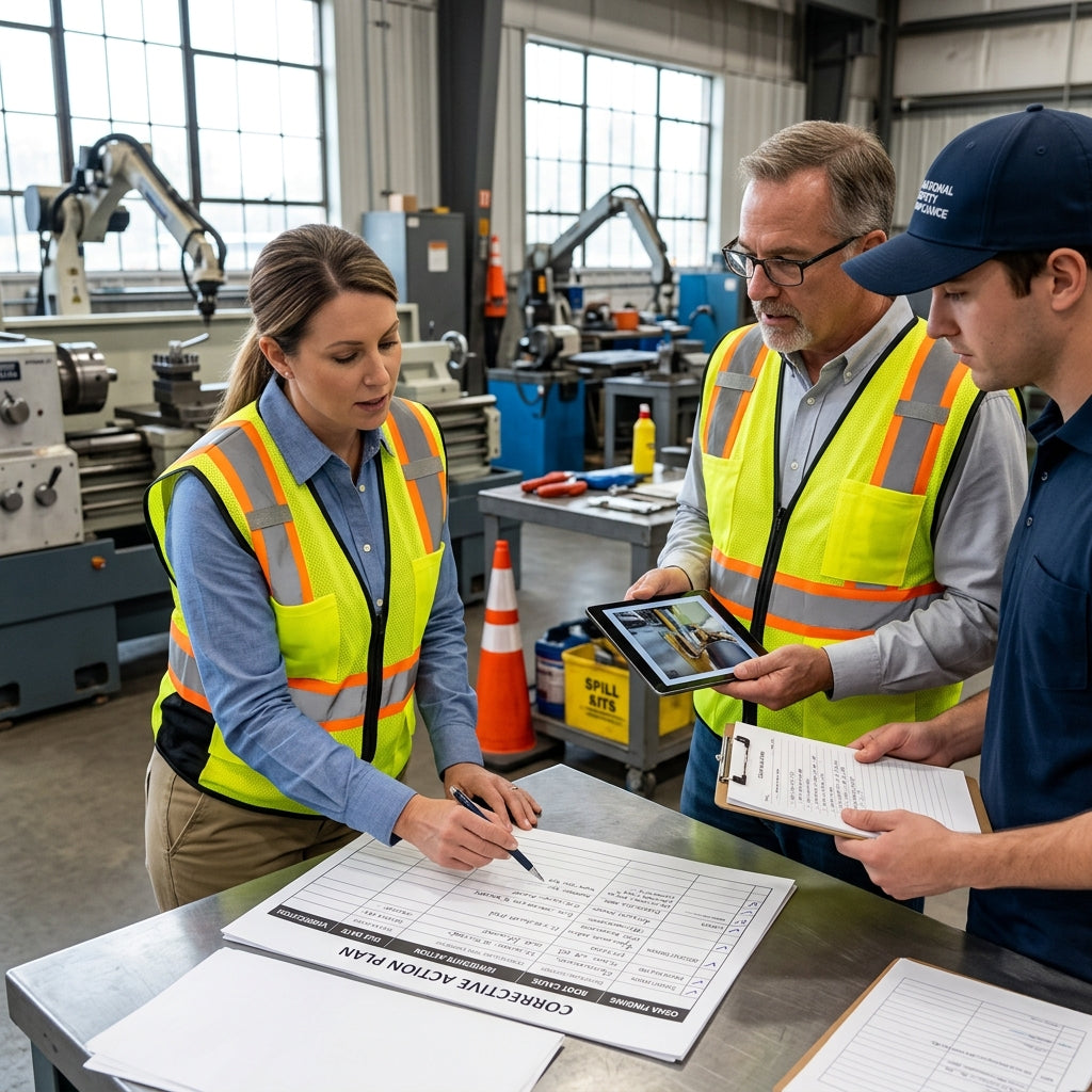 Group of safety training workers looking at documentation papers.