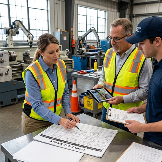 Group of safety training workers looking at documentation papers.