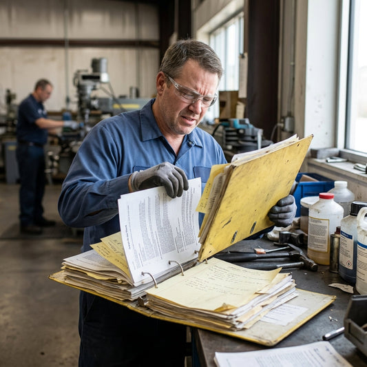 Man in a shop wearing safety glasses looking at a large notebook overflowing with papers.