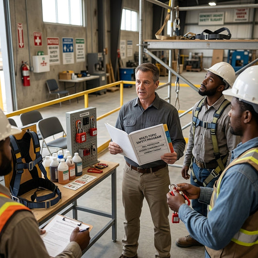 Safety manager holding notebook with three warehouse workers listening to him.