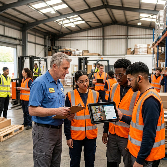 Group of employees in a warehouse watching a training video on a tablet.