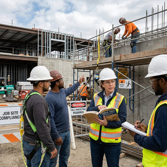 Group of construction workers wearing hard hats and looking at OSHA books.