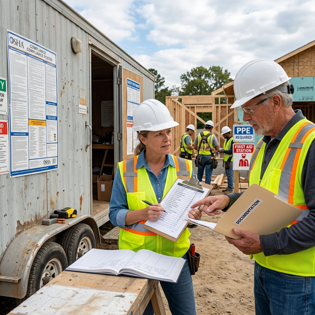 Two construction workers standing outside a trailer looking over a checklist and manuals.