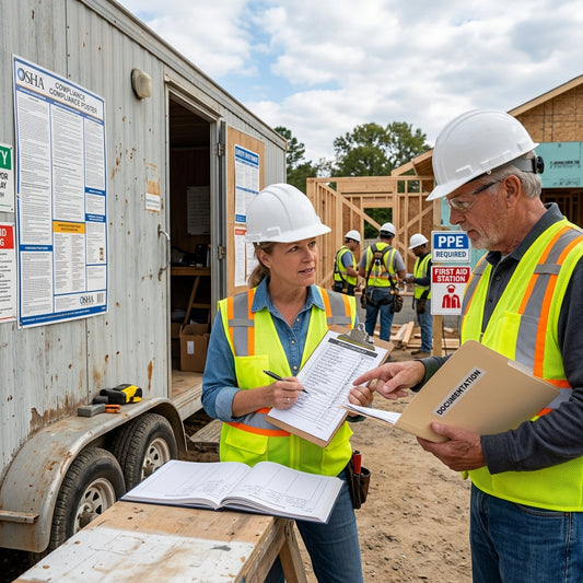 Two construction workers standing outside a trailer looking over a checklist and manuals.