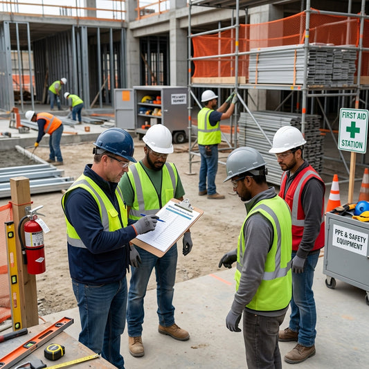 Group of four construction workers having a meeting before the start of the workday.